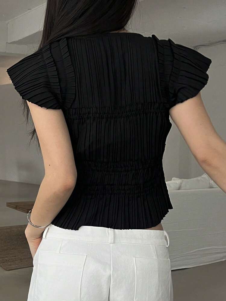 Women's Summer Casual Solid Color Ruffle Puff Sleeve Knot Front Blouse