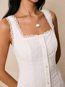 Poéselle 白色蕾丝连衣裙，纽扣设计，女士纯色蕾丝拼接方领休闲无袖连衣裙，女士休闲连衣裙，女士连衣裙，优雅礼服，工作夏季连衣裙。 - 白色 - 查看 5