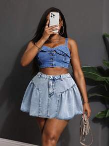 Slaydiva Minifalda vaquera de talla grande, azul línea A suelta y sexy