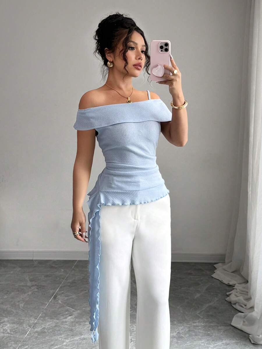 Elenzga 春夏毕业季新款单肩不对称荷叶边下摆修身女士T恤 - 藍色 - 查看 1