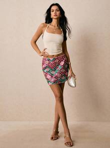 Poéselle Falda mini corta con diseño geométrico brillante, adecuada para ocasiones de fiesta