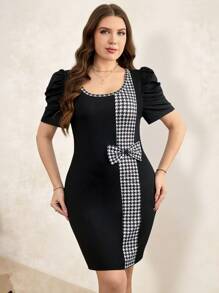 SHEIN Clasi Robe ajustée à manches bouffantes à col rond en patchwork à chevrons oversize