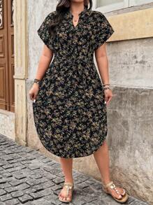 SHEIN LUNE 大码花卉印花短袖连衣裙