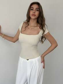 Aloruh 复古方形领口低胸性感短款上衣，露出，灰色短款套头衫 - 杏色 - 查看 6