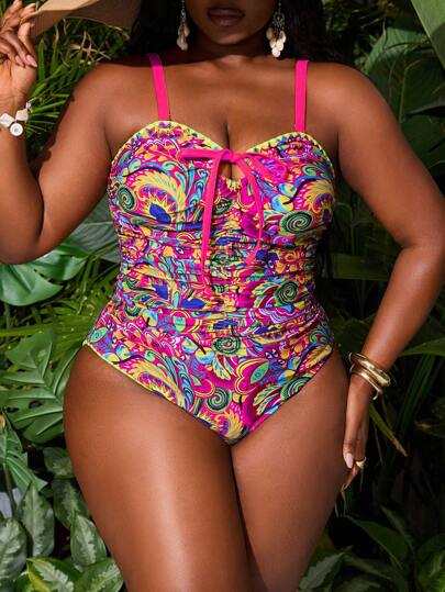 Slaydiva Plus Size Women Retro Retro Print V-Neck Drawstring Contrast Rib One-Piece Swimsuit, Suitable For Beach Vacation And Pool For Summer