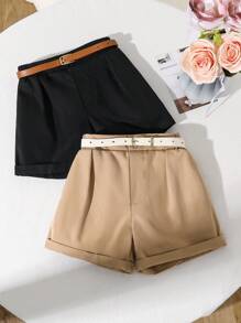 2pcs Girls` Casual Suit Set With Straight Leg Shorts And Rolled Cuff, Summer Summer Holiday - Multicolor - View 6