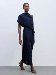 Maija Long Navy Blue Knit Dress For Women Elegant Stand Collar Asymmetrical One-Shoulder Design And Figure-Hugging Silhouette