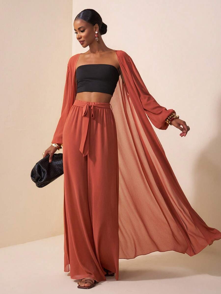 Zivah 2025 新款百搭简约海滩/波西米亚风/波西米亚女装/女士节日服装/狂欢节/复活节女装/老钱风格女装/乡村音乐会服装高个子女士两件套服装 2 件超长裙套装 - 棕色 - 查看 1