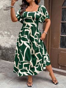 SHEIN Clasi Vestido de vacaciones largo con cintura ceñida, cuello cuadrado, mangas abullonadas y estampado gráfico para mujeres - Verde Oscuro - Ver 6