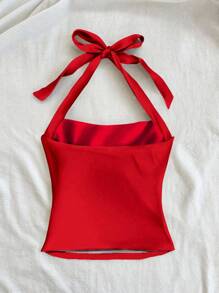 Soleia 2 piezas Parte superior de tiras con espalda descubierta fruncida con estampado rojo y negro, adecuada para el verano
