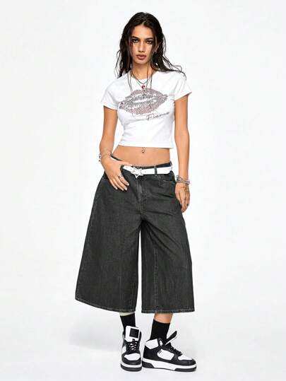 Grunge Punk Low Waist Oversized Street-Style Vintage Vine Cross Embroidered Loose Fit 7/8 Length Jeans