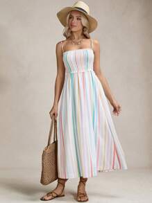 SHEIN LUNE Vestido de mujer con estilo de vacaciones de verano, de Body fruncido con estampado de rayas de colores y volantes - Rosa - Ver 6