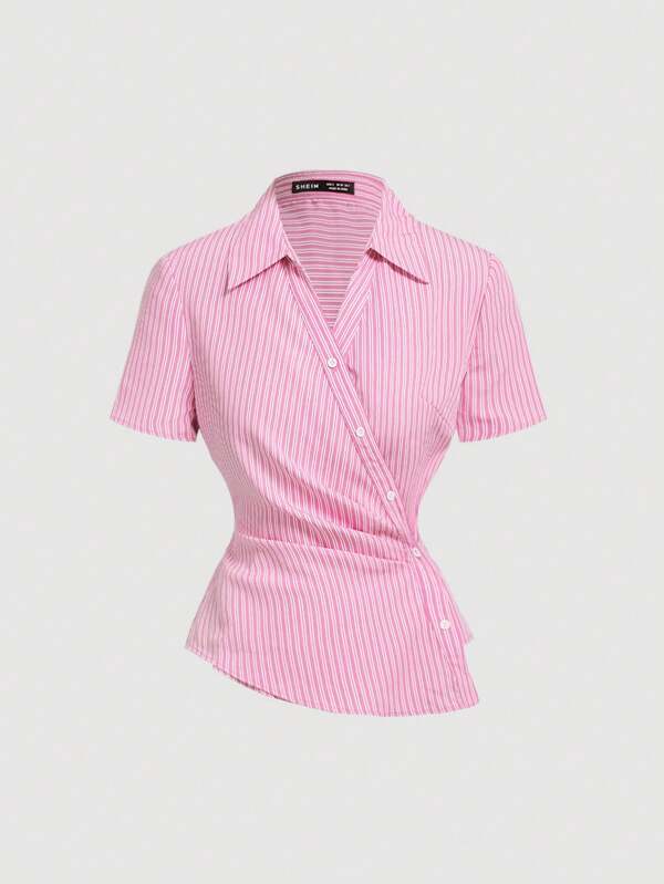 SHEIN MOD Striped Collared Short Sleeve Shirt With Ruched Waist And Asymmetric Hem, Suitable For Office Wear