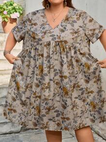 SHEIN CURVE+ Plus Size Floral Allover Print Casual Vacation Dress Summer/Country/Beach Vacation Outfits/Beach Outfits/Beach Wear,Dresses Casual