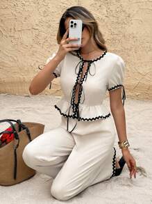 SHEIN Frenchy 2pcs Women Fashion Casual Long Pants & Contrasting Edges The Lotus Leaf Puff Sleeves Top Set,Colorblocked Trimmed Front Center Tie Short Sleeve Top And Pants Set,Waist-Slimming Ruffled Hem Design,Fashion And Romantic Commuting,Contrast Edge, Linen-Like Bamboo Pattern Stretch Fabrics,For Daily Wear Summer - Apricot - View 4