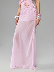ROMWE Avant Y2K-Style Low Waist Mermaid Skirt With Glitter Flower Decor, Chiffon, Suitable For Island Resort - Pink - View 4