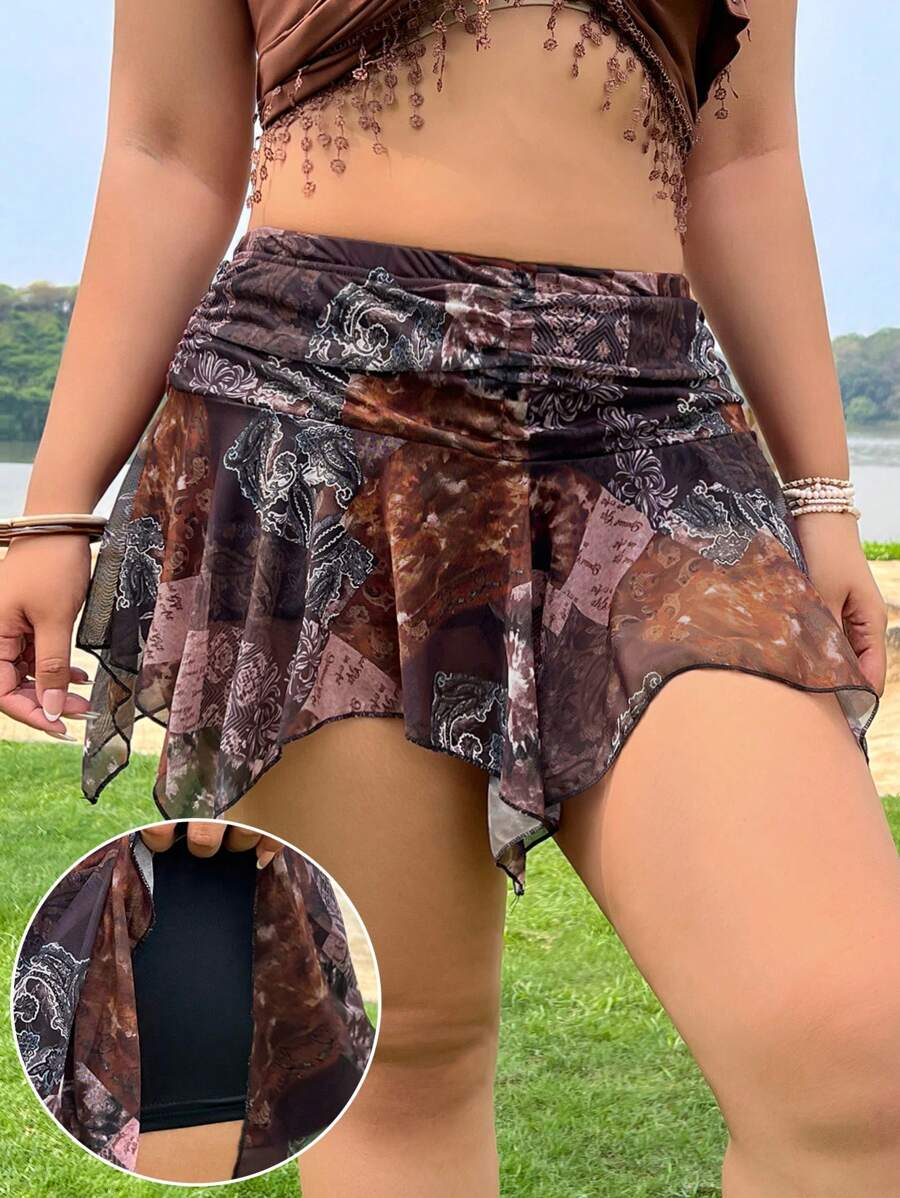 SHEIN EZwear 加大码扎染雪纺波西米亚风荷叶边下摆休闲裙，适合假日和夏季穿着女士短裙 - 彩色 - 查看 1