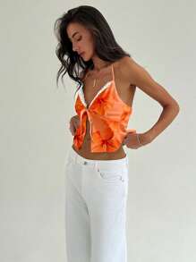 Aloruh Top corto senza schienale da donna con stampa tropicale di ibisco arancione, collo alla halter e lacci legati, adatto per estate, vacanze, festival musicali, spiaggia