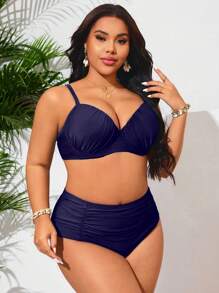 Swim Lushoire 大码女式新款纯色钢圈间隙三角形两件套泳衣，配有可调节肩带，高腰褶皱前开襟泳衣上衣和下装，修身、优雅、时尚、休闲、沙滩和游泳