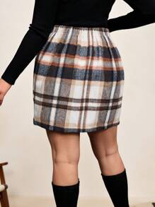 SHEIN Clasi 大碼格紋印花高腰半身裙