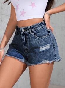 SHEIN PETITE Women's Solid Color Pocket Ripped Hem Summer Denim Shorts - Dark Wash - View 5