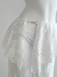 SHEIN Unity Women's Casual Vacation Lace Metallic Button Skirt, Spring & Summer - White - View 4