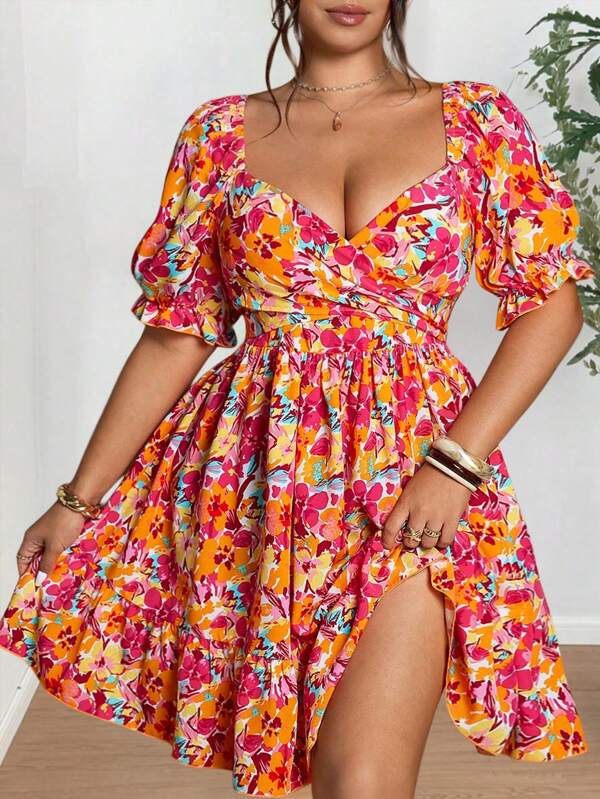 Sunnyshic Rochie mini de plajă pentru femei, mărime plus, primăvară/vară, guler pătrat, mâneci bufante, cu imprimeu floral vintage și imprimeu floral