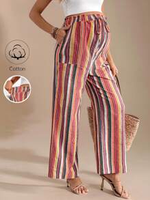 SHEIN Maternity Striped Waist Tie Wide Leg Loose Casual Pants,Maternity Clothes - Multicolor - View 1