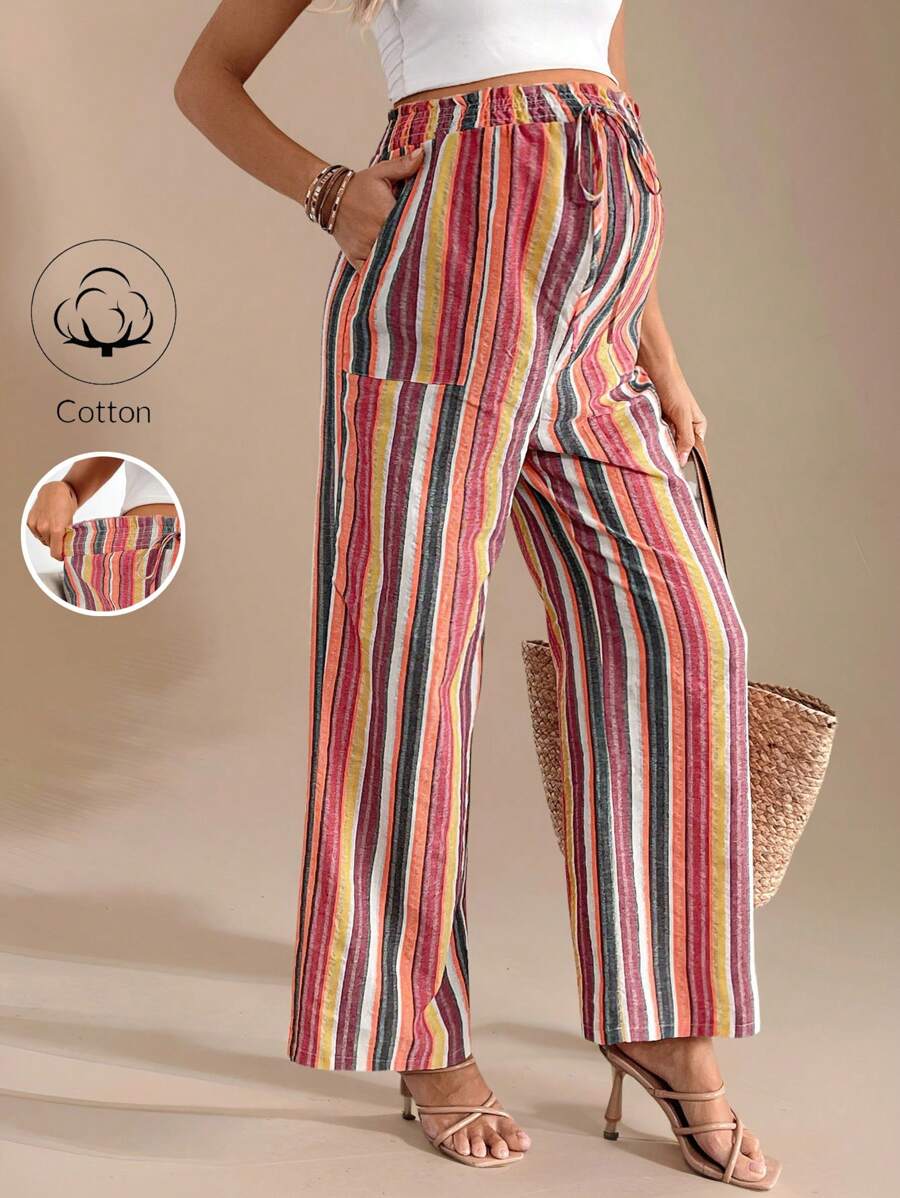 SHEIN Maternity Striped Waist Tie Wide Leg Loose Casual Pants,Maternity Clothes - Multicolor - View 1