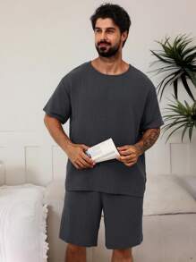 DAZY Men's Solid Gray Summer Pajama Set,Back To School Clothes - Dark Grey - View 6