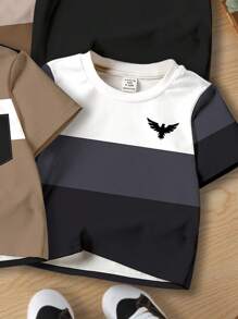 SHEIN 4pcs Young Boys' Casual Chic Colorblock Patchwork Pattern Short Sleeve T-Shirts, Comfortable, Suitable For Spring/Summer