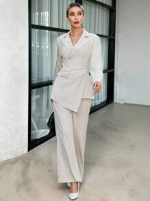 SHEIN Clasi Lapel Neck Asymmetrical Hem Blazer & Pants - Apricot - View 10