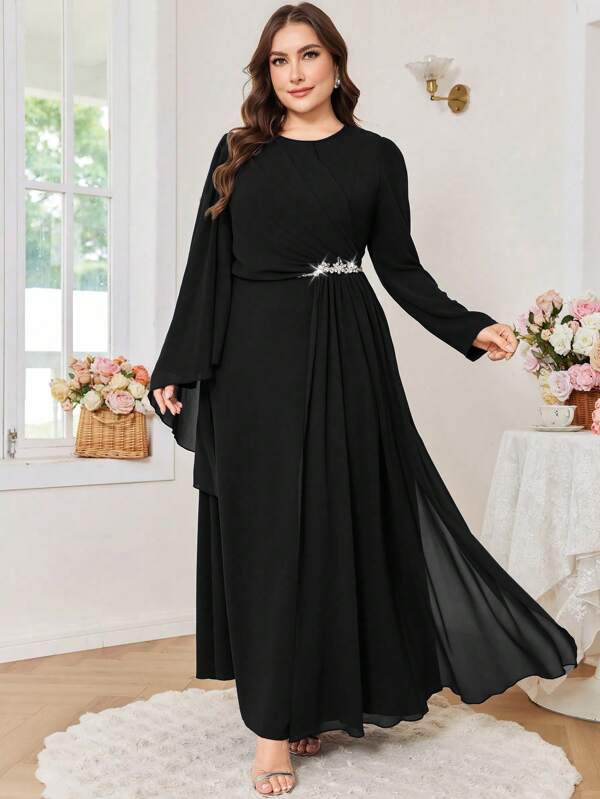 Modelyn Plus Size Women's Elegant Rhinestone Embellished Waist Fitted Round Neck Party Dress