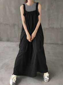 FRIFUL Women Casual Solid Color Sleeveless Ruched Hem Patchwork Long Dress, Summer Black Sundress Women Black Summer Dress Women Long Black Sundress Casual Long Black Dress Black Jumper Dress - Black - View 4