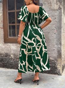 SHEIN Clasi Vestido de vacaciones largo con cintura ceñida, cuello cuadrado, mangas abullonadas y estampado gráfico para mujeres - Verde Oscuro - Ver 2