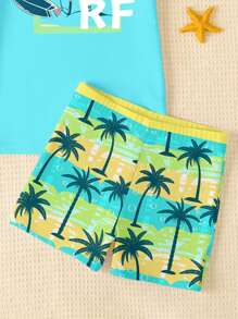 SHEIN Tween Boy Casual Simple Round Neck Short Sleeve Swimsuit Set, Suitable For Summer