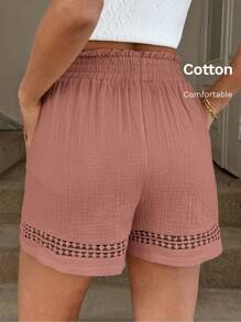 Easowa Celana Pendek Wanita Warna Khaki dengan Pinggang Elastis dan Detail Trim Katun, Musim Semi/Panas, Celana Pendek Pinggang Tinggi - Berwarna merah muda - View 3