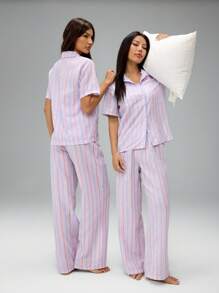 SHEIN PETITE Women's Two-Piece Button-Front Shirt And Pleated Trousers Pajama Set