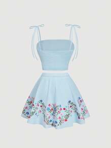 SHEIN MOD Bộ áo yếm in hoa cổ điển và váy ngắn cho nữ - Màu xanh lam - Xem 2