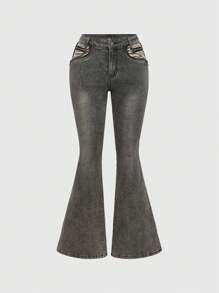 ROMWE Avant Jeans pitillo de tiro súper bajo con diseño cruzado de estampado de cebra y parches, estilo vintage Y2K de mujer