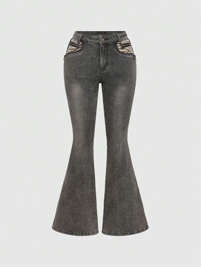 ROMWE Avant Women's Vintage Y2K Baddie Patchwork Zebra Print Cross Design Super Low Waist Skinny Jeans