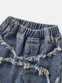 SHEIN Playful Pals 女婴休闲柔软牛仔裤，舒适松紧腰牛仔裤，时尚街头风格，适合春秋季节 - 中等水洗藍 - 查看 5