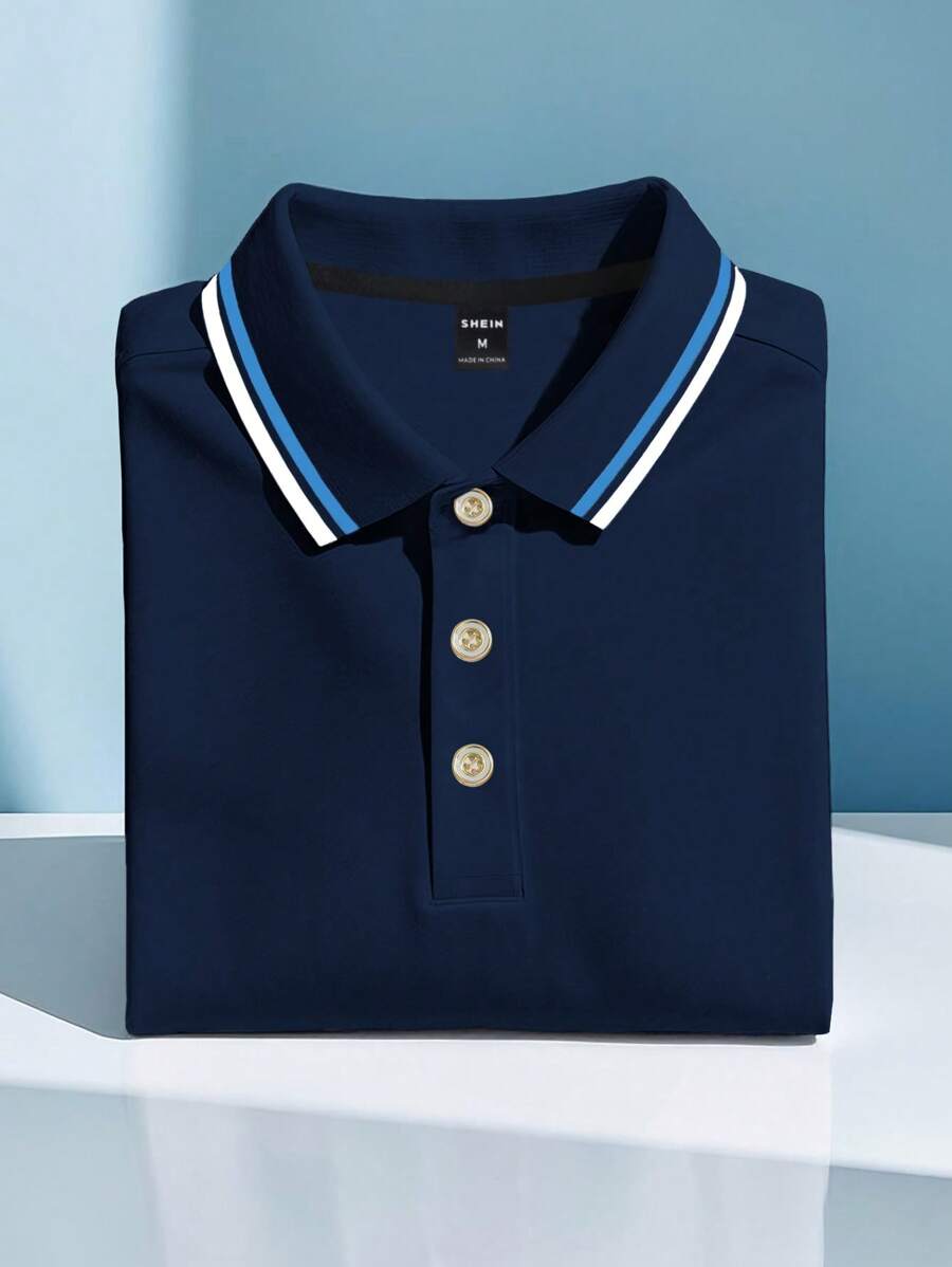 Calvornis 男士拼色条纹印花休闲短袖 Polo 衫，夏季 - 寶藍色 - 查看 1