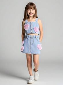 Bộ trang phục denim hai mảnh cho bé gái - Rửa trung bình - Xem 3