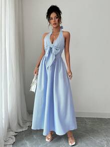 SHEIN Unity Vestido largo con lazo y estampado de rayas elástico ChicEase - Azul - Ver 4