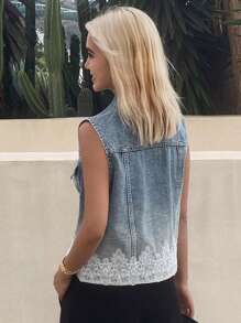 Livesso Veste sans manches en jean avec empiècement en dentelle pour femmes, top court en jean décontracté pour jeune fille, vêtements de rentrée scolaire - Jean bleu - Voir 3