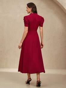 EMERY ROSE Women's Solid Color V-Neck Waist-Fitting A-Line Dress For New Year Clothes Maxi Women Outfit - Red - View 2