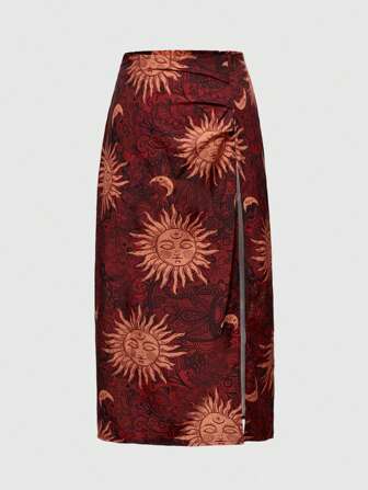Hippie Plus Size Women Sun, Moon & Star Pattern Side Split Hem Casual Skirt