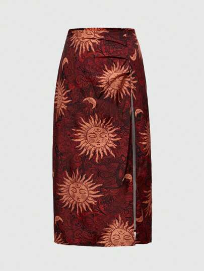 ROMWE Hippie Spring/Summer Plus Size Women Sun, Moon & Star Pattern Side Split Hem Casual Skirt