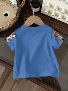 SHEIN Baby Boy Casual Cartoon Pattern Round Neck Loose Fit Short Sleeve T-Shirt, Suitable For Summer